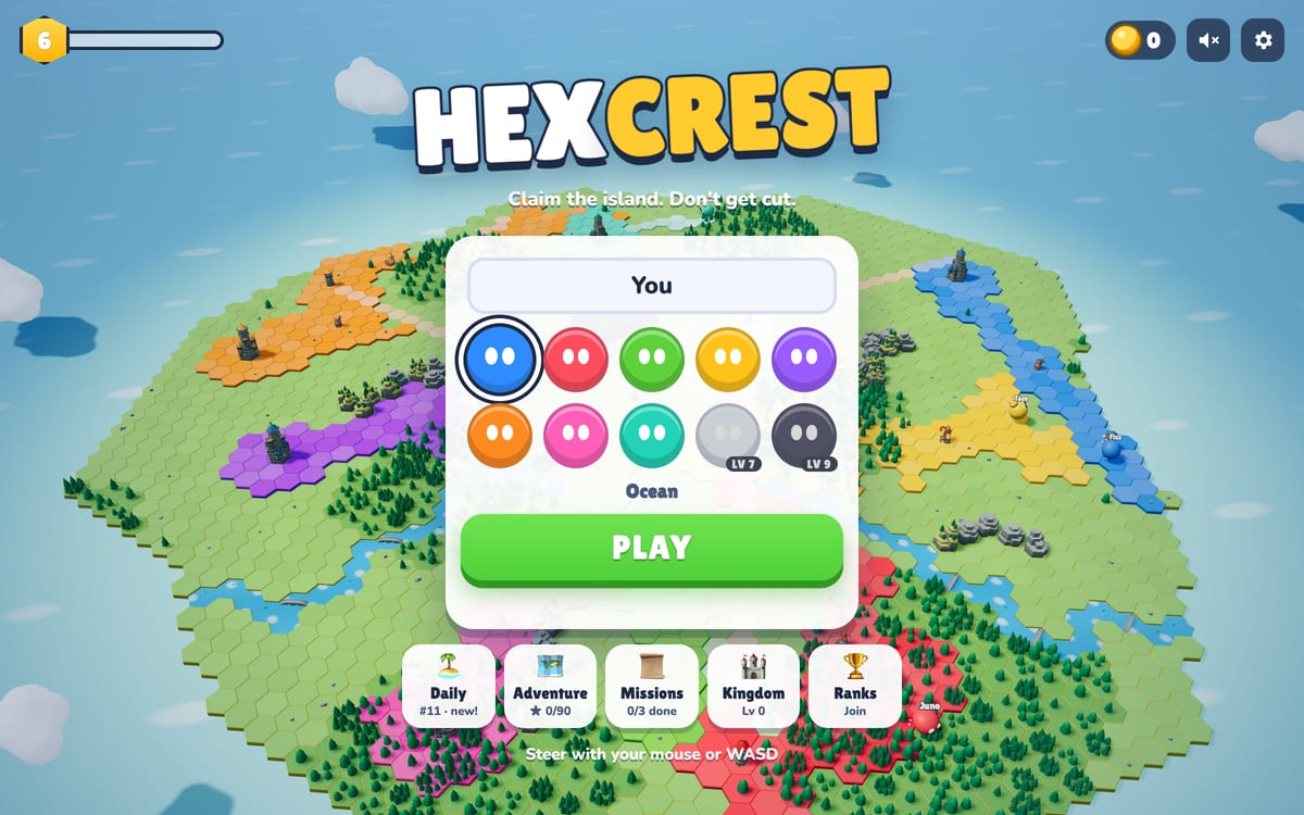 The HexCrest menu over a live island where rival colours spread across hex land with castles and towers