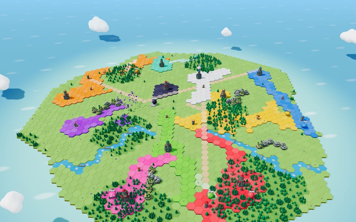A HexCrest island mid-round: ten rival territories with castles and towers, rivers crossed by bridges, roads and forests